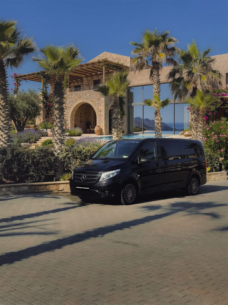 Van waiting outside a beautiful mediterranean architecture villa in Crete